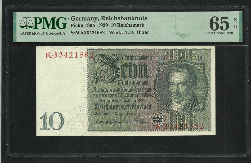Germany : 10 Reichsmark 1929 ; PMG : Gem UNC 65 ; EPQ (Ref 155)
