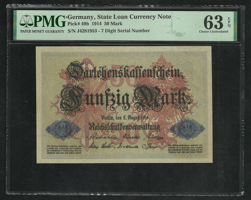 Germany : 50 Mark 1914 ; PMG : Choice UNC 63 ; EPQ