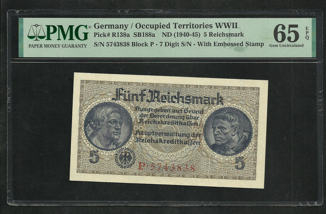 Germany : 5 Reichsmark 1940-45 ; PMG : Gem UNC 65 ; EPQ (Ref 153)