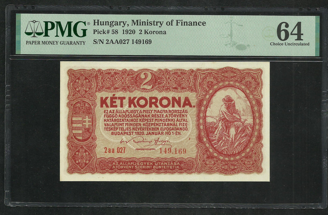 Hungary : 2 Korona 1920 ; PMG : Choice UNC 64 ; EPQ (Ref 165)