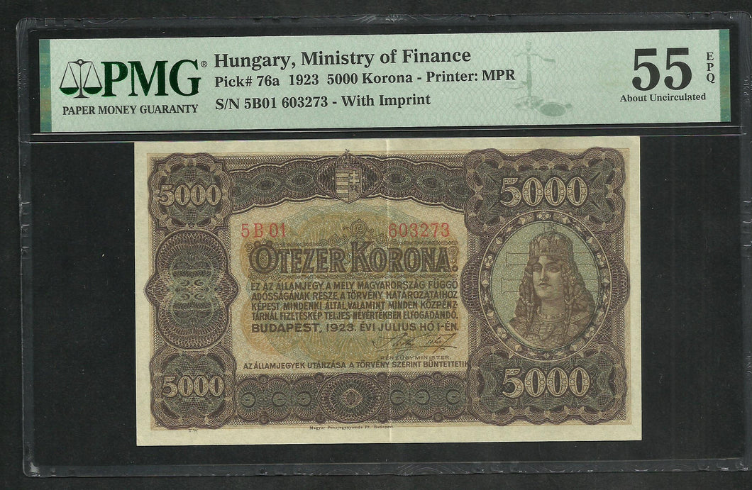 Hungary : 5000 Korona 1923 ; PMG : About UNC 55 ; EPQ (Ref 1882)