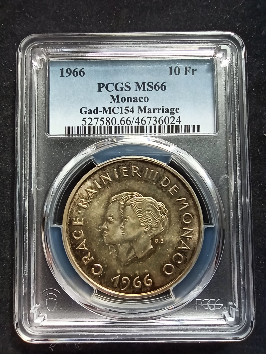 Monaco : 10 Francs 1966 Silver Mariage Grace ; PCGS : MS 66