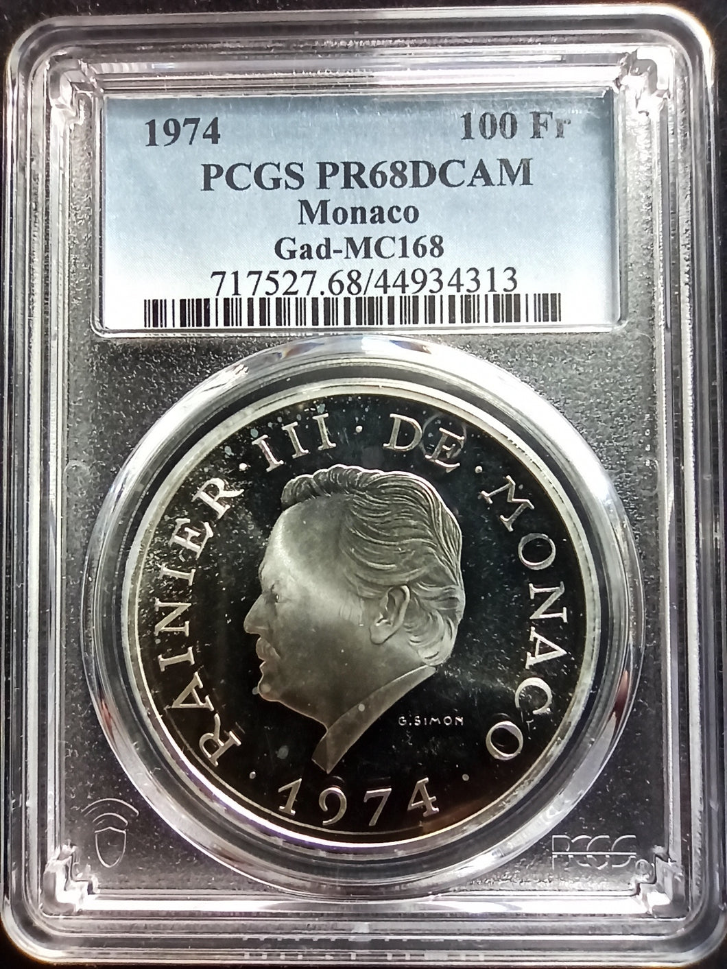 Monaco : 100 Francs 1974 Silver ; PCGS : PR 68