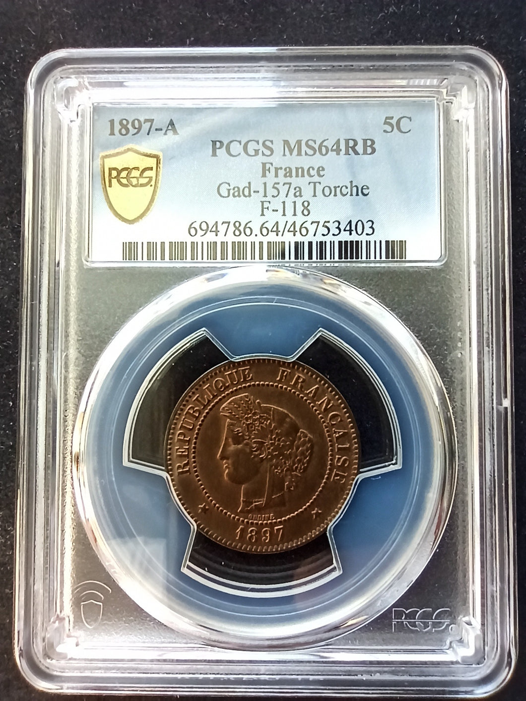 France : 5 Centimes Cérès 1897 A ; PCGS : MS 64