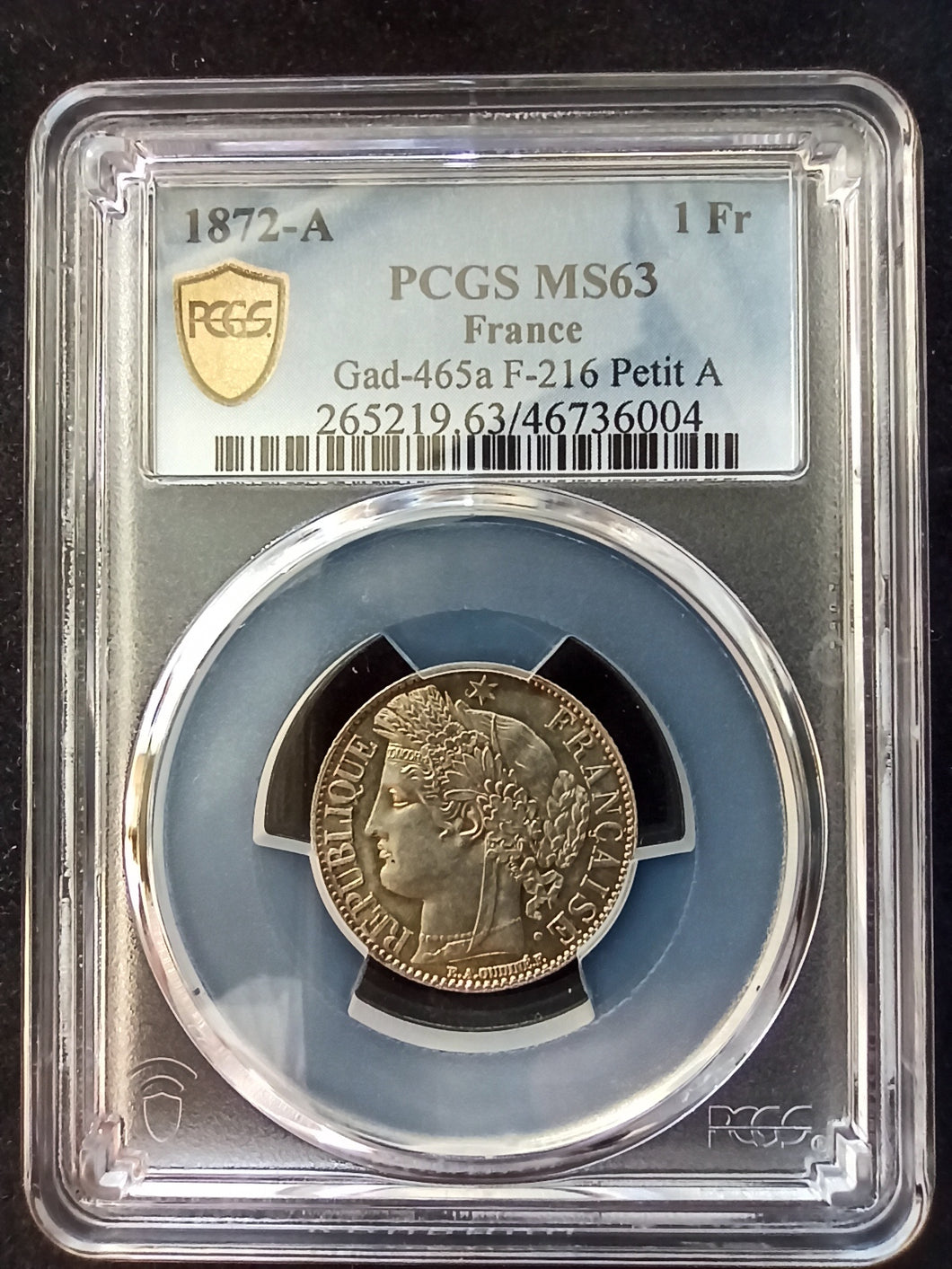 France : 1 Franc Cérès Argent 1872 A ; PCGS : MS 63