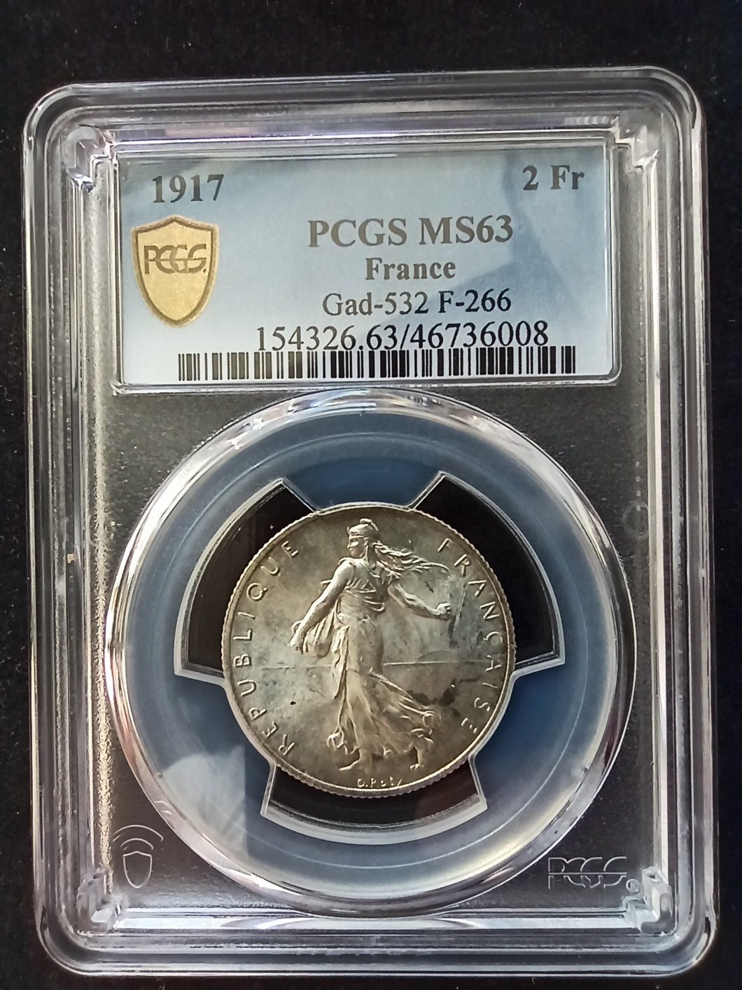 France : 2 Francs Semeuse Silver 1917 ; PCGS : MS 63