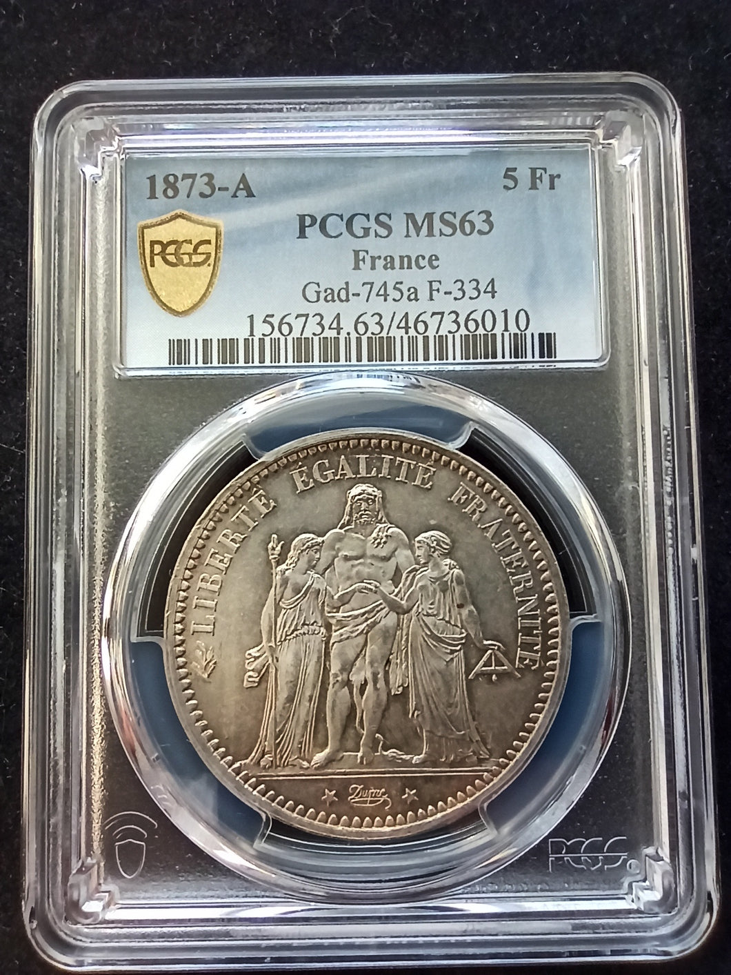 France : 5 Francs Silver Hercule 1873 A ; PCGS : MS 63