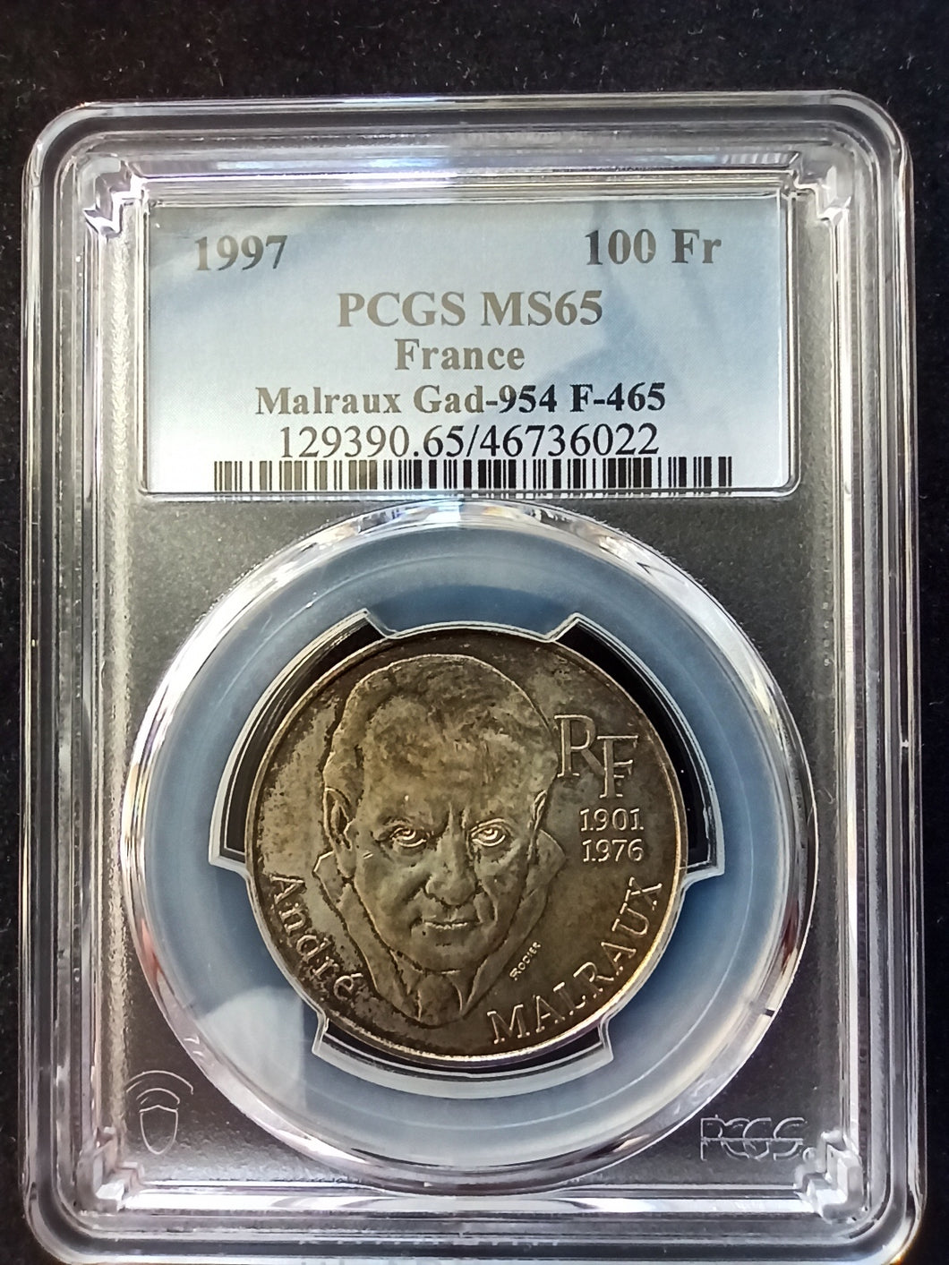 France : 100 Francs Silver 1997 Malraux ; PCGS : MS 65