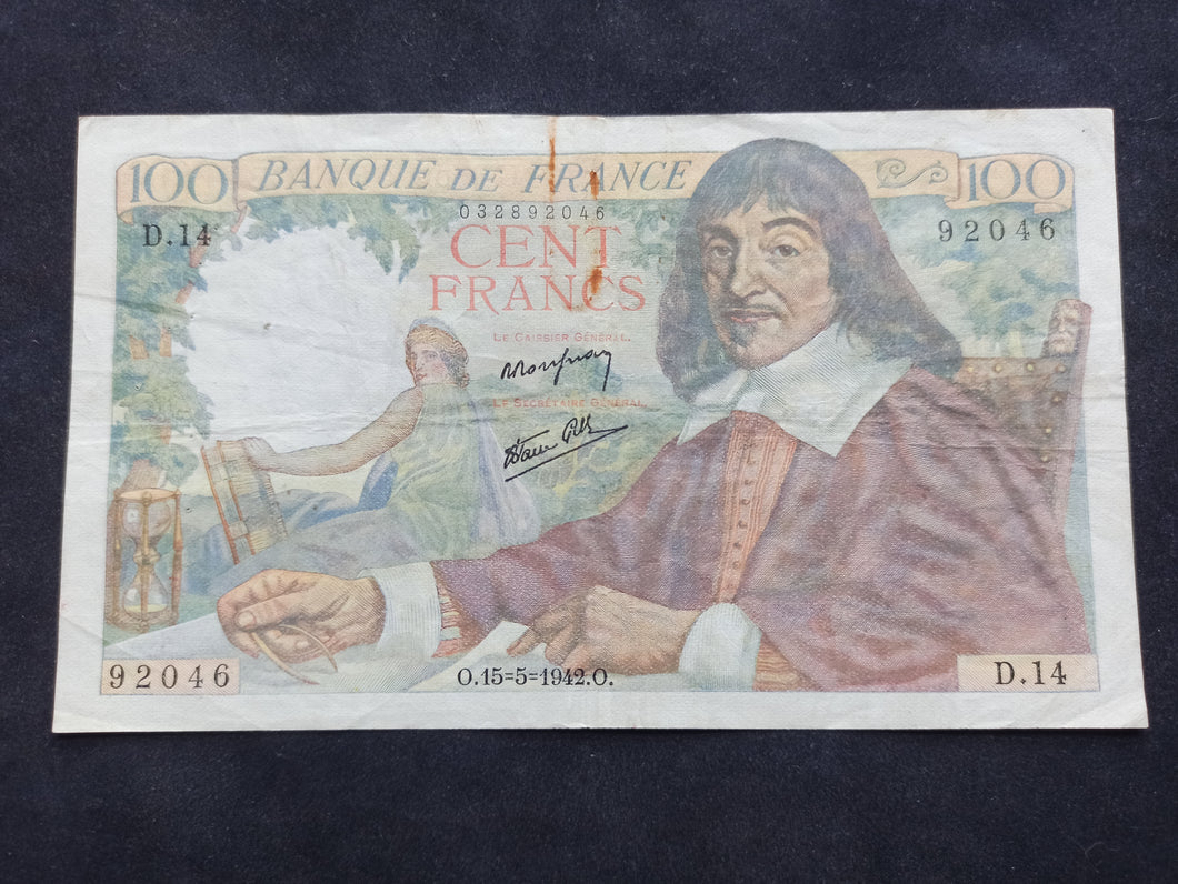 100 Francs Descartes (15-5-1942) (Ref 366)