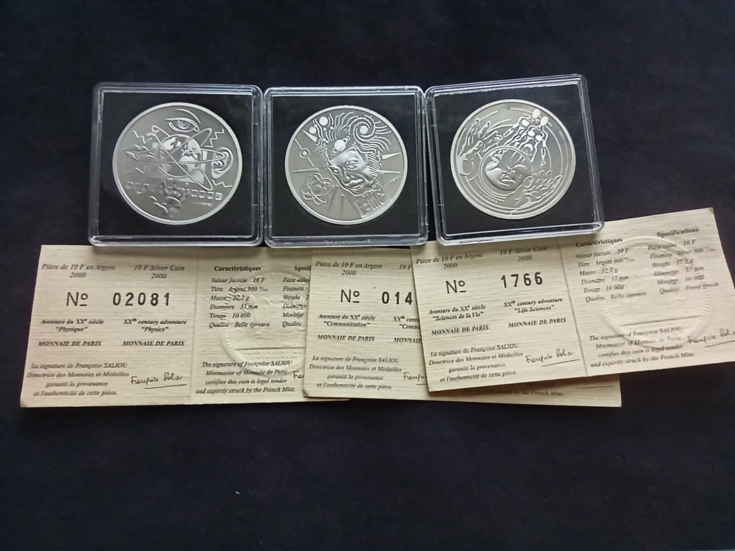 3 X 10 Francs 2000 Argent BE France : Aventure du XX éme Siècle / Einstein