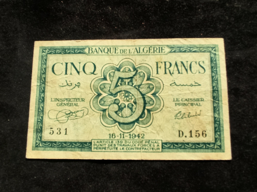 Algérie : 5 Francs 1942 (Ref 596)