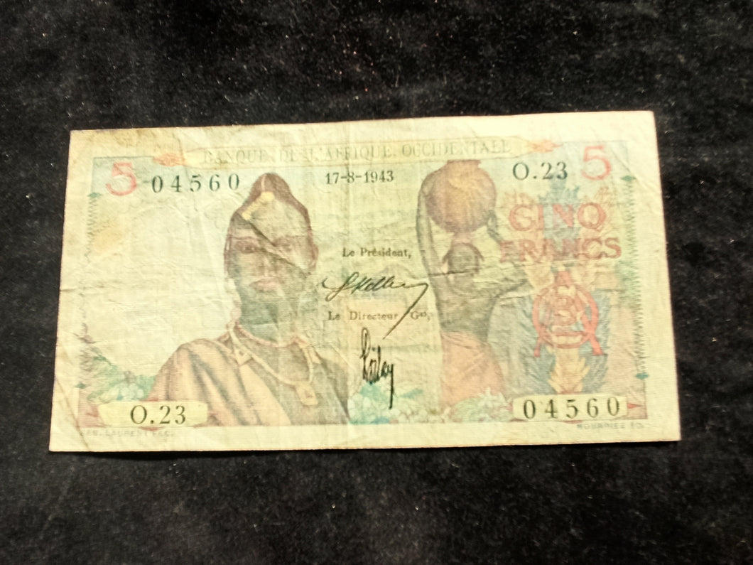 Afrique Occidentale : 5 Francs 1943 (Ref 609)