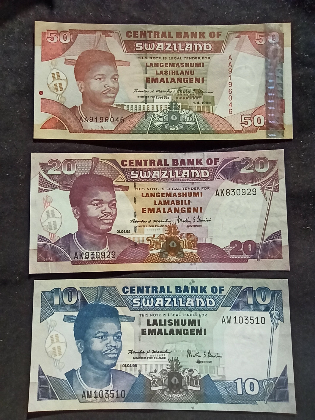 Swaziland : 10 + 20 + 50 Emalangeni 1998 NEUF (Ref 620)