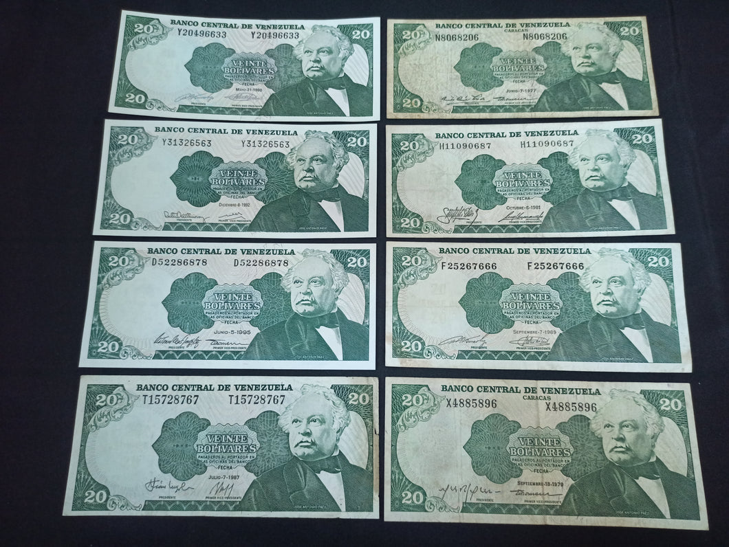 Venezuela : 8 X 20 Bolivares Années différentes TB à NEUF (Ref 1089)