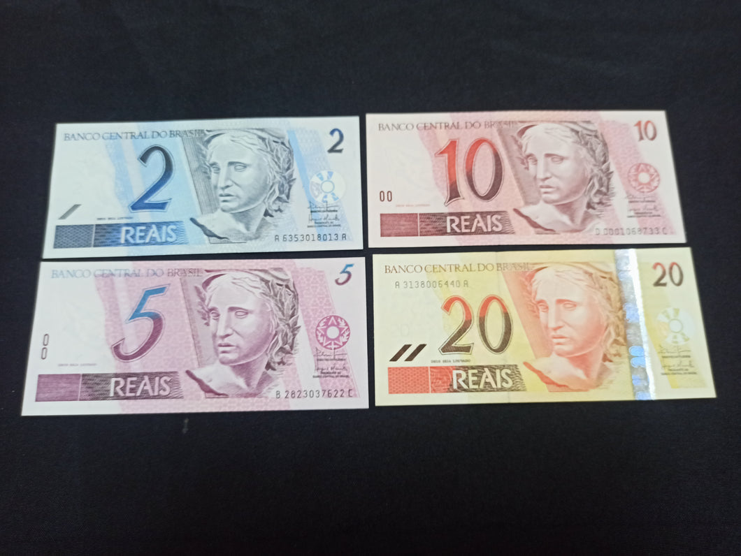 Brésil : Lot 2 / 5 / 10 / 20 Reais 1997 / 2002 Sign 40 NEUF (Ref 1106)