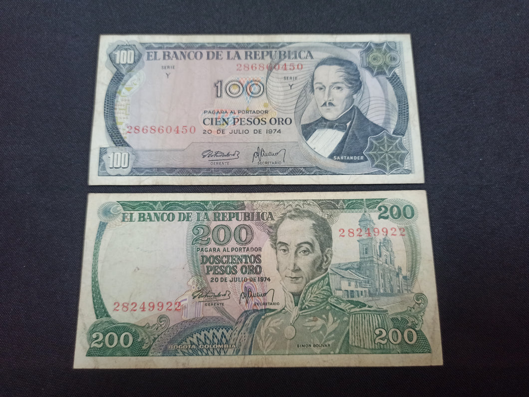 Colombie : 100 + 200 Pesos Oro 1974 (Ref 1129)