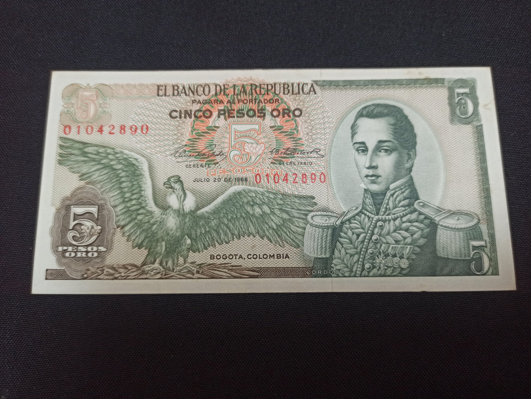 Colombie : 5 Pesos Oro 1968 (Ref 1132)