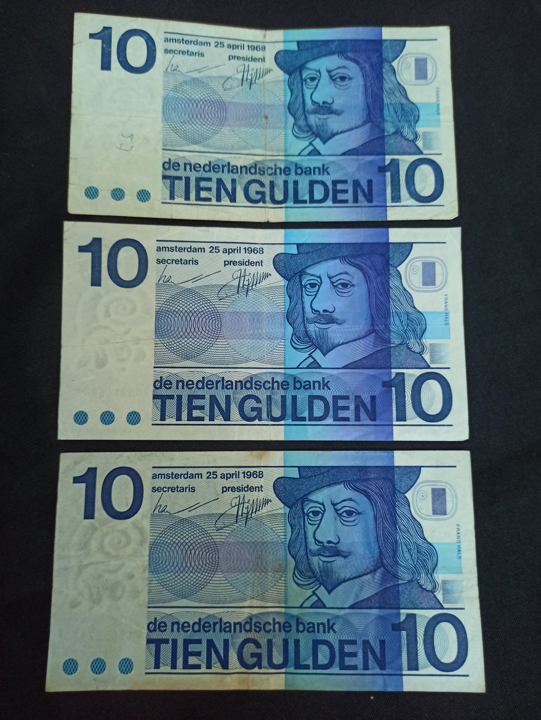 Pays Bas : Lot de 3 Billets de 10 Gulden 1968