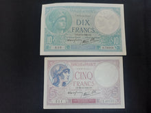 Charger l&#39;image dans la galerie, Lot 2 Billets :   10 Francs Minerve &amp; 5 Francs Violet   Superbe Qualité
