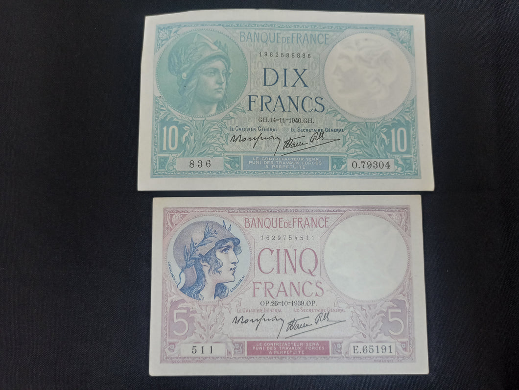 Lot 2 Billets :   10 Francs Minerve & 5 Francs Violet   Superbe Qualité