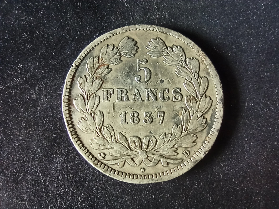 RARE : 5 Francs Argent Louis Philippe 1837 D (Ref 2254)