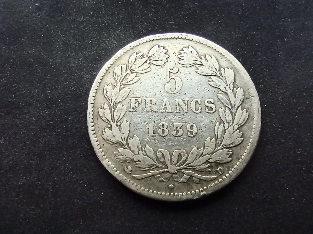 5 Francs Argent Louis Philippe 1839 D (Ref 2272)