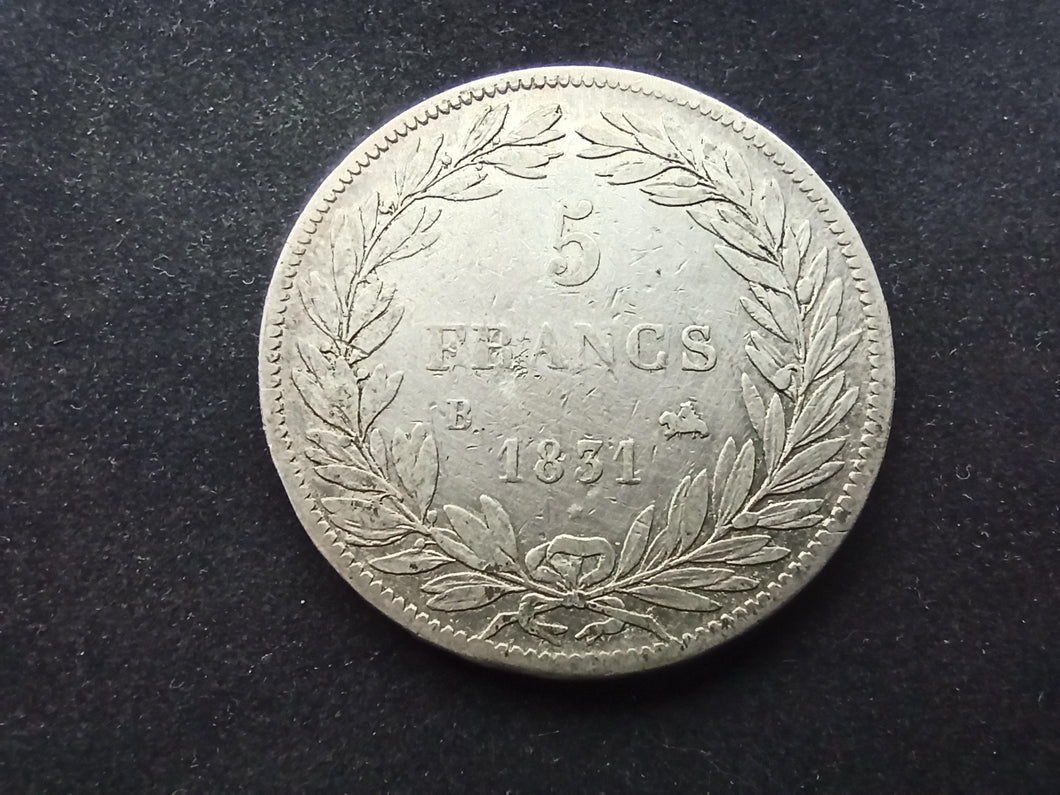 5 Francs Argent Louis Philippe 1831 B tête Nue ; Tranche Refief (Ref 2273)