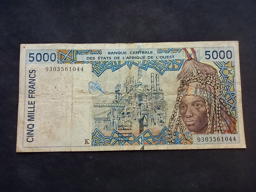 Afrique de l'Ouest : 5000 Francs 1993 K Sign 25 (Ref 2395)