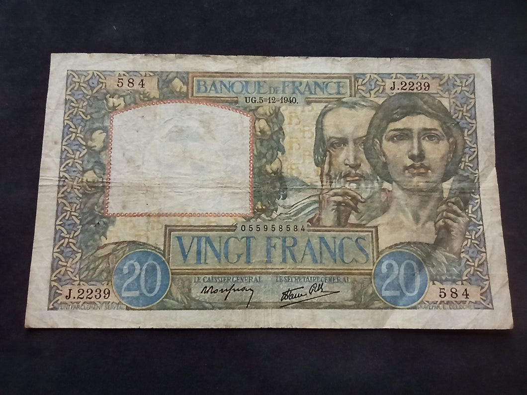 20 Francs Science & Travail (5-12-1940) (Ref 2464)