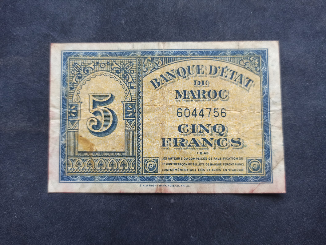 Maroc : 5 Francs (1-8-1943) (Ref 2654)