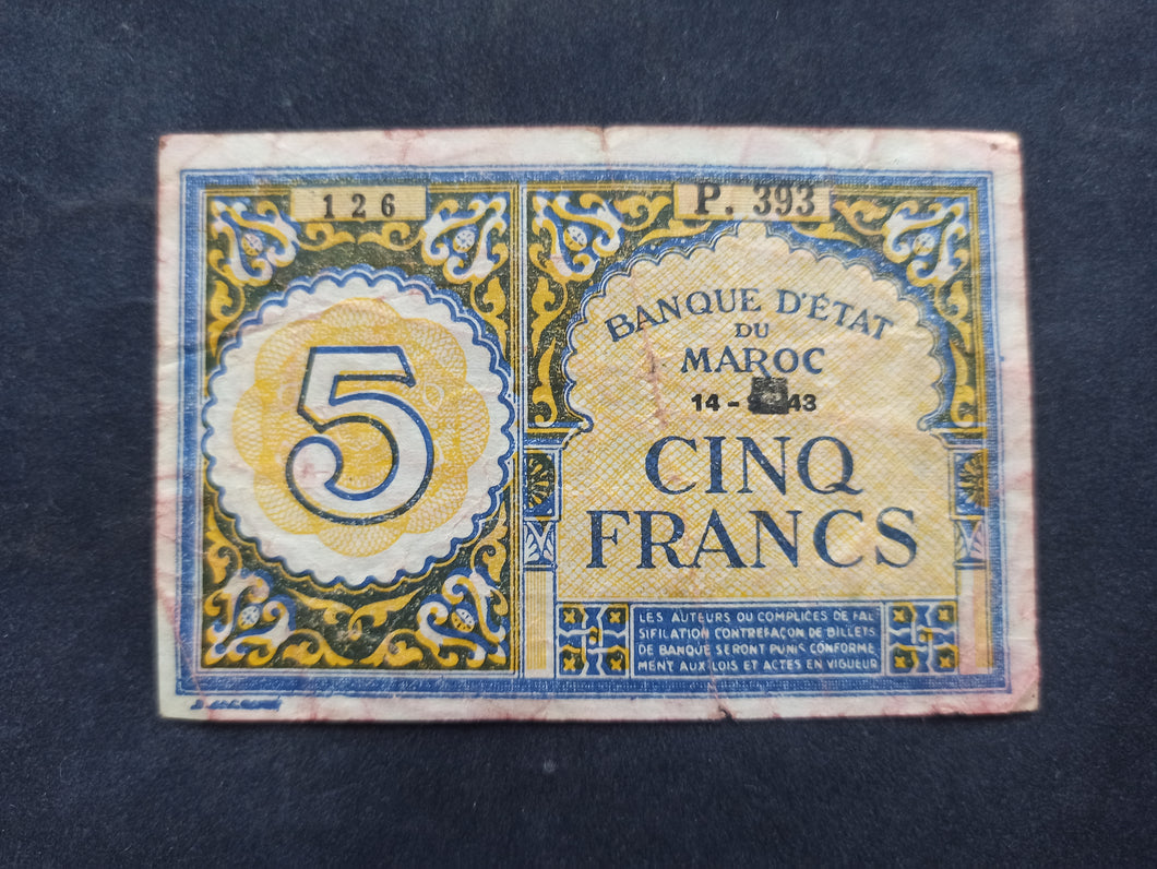 Maroc : 5 Francs (14-9-1943) (Ref 2655)