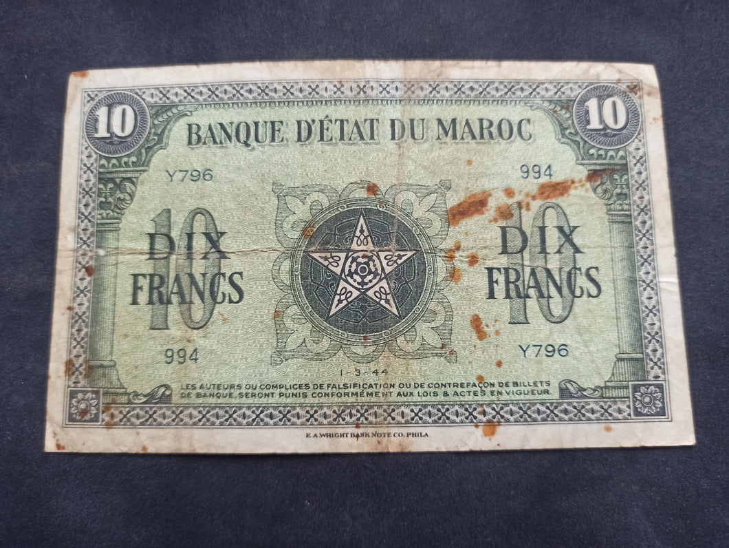 Maroc : 10 Francs (1-3-1944) (Ref 2660)