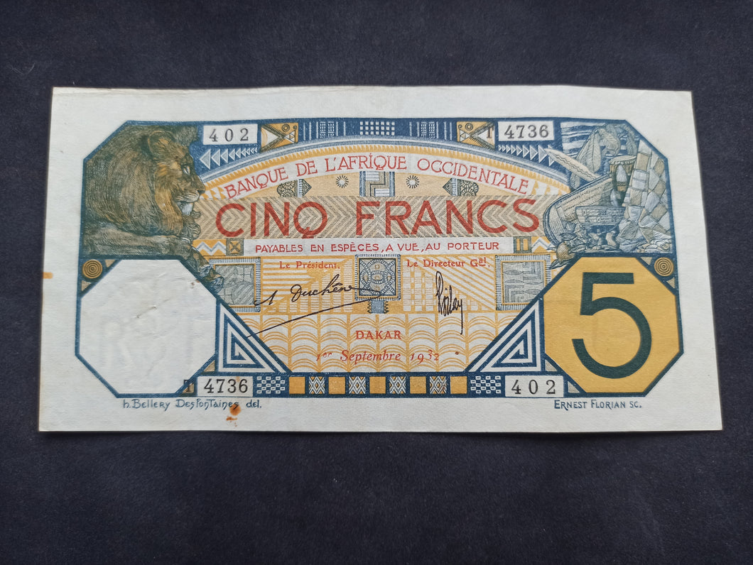 Afrique Occidentale : Dakar : 5 Francs 1932 (Ref 2662)