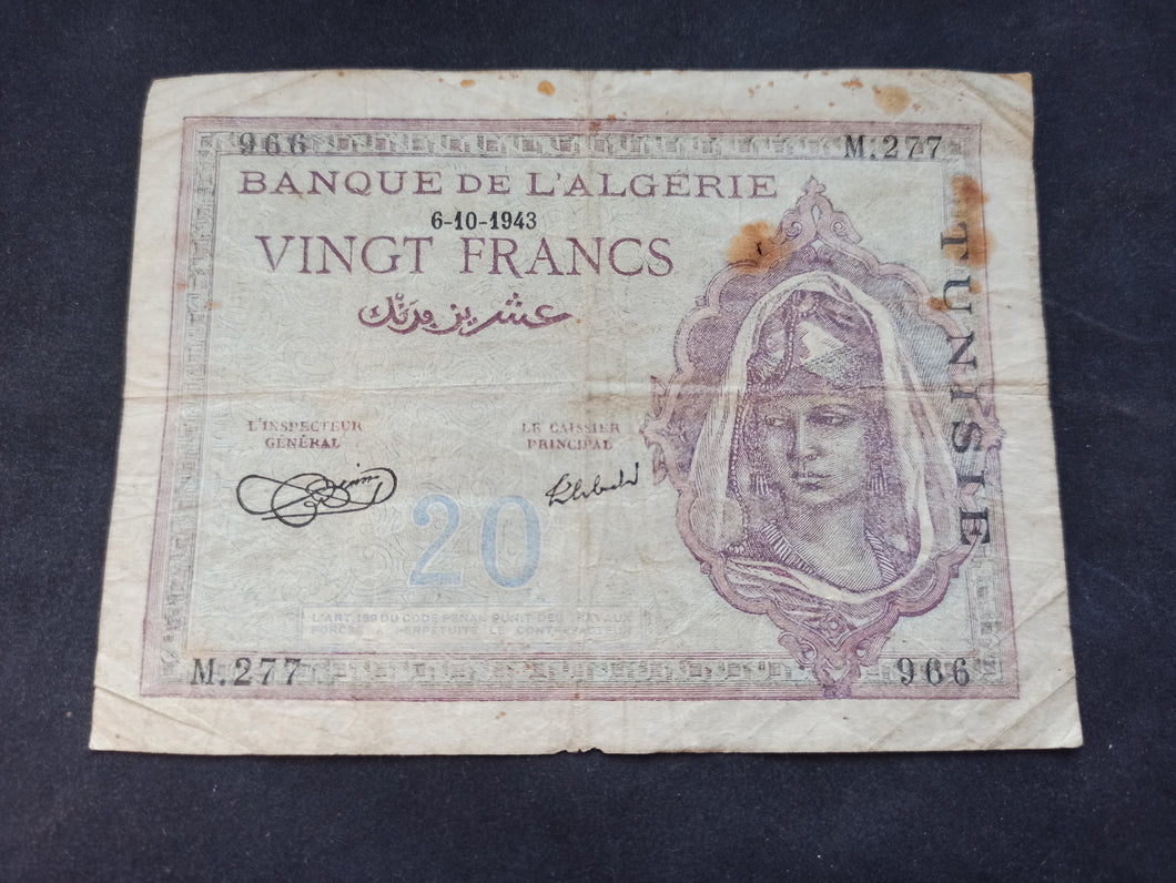 Colonies Françaises : Tunisie : 20 Francs 1943 Surchargé (Ref 2637)