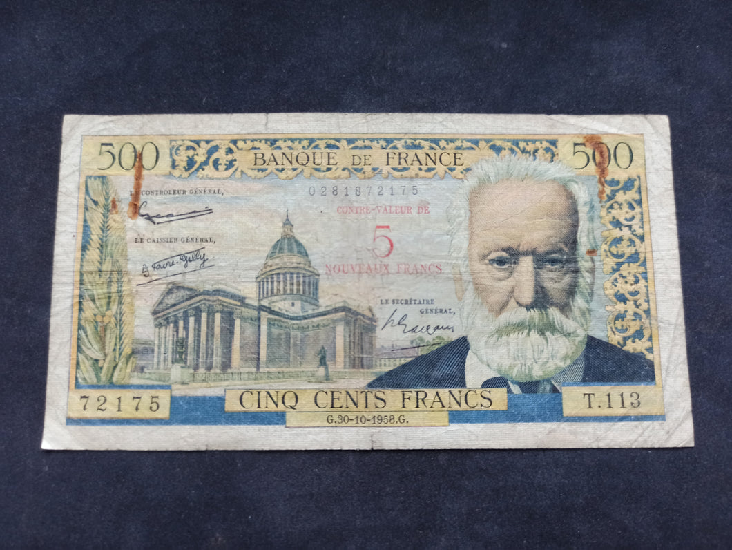 500 Francs Victor Hugo Surchargé 5 NF (30-10-1958) (Ref 2671)