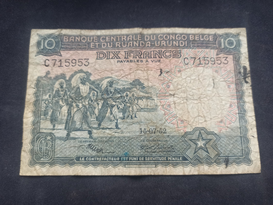 Congo Belge : 10 Francs (15-07-1952) (Ref 2672)