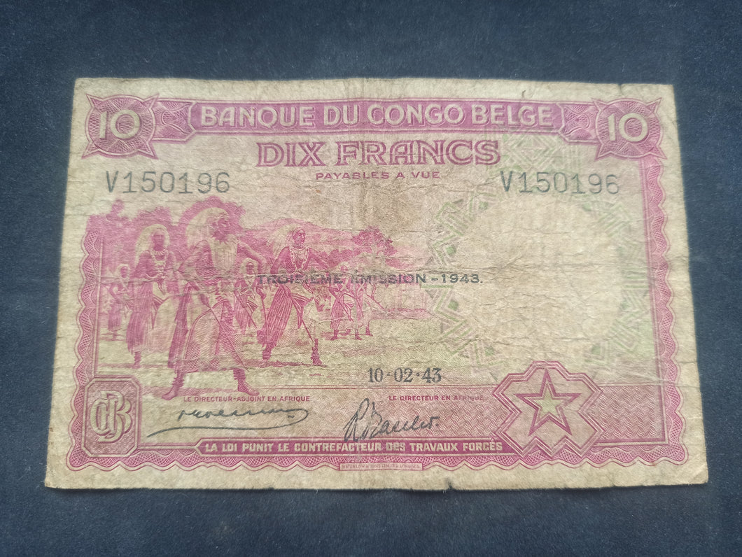 Congo Belge : 10 Francs (10-02-1943) (Ref 2674)
