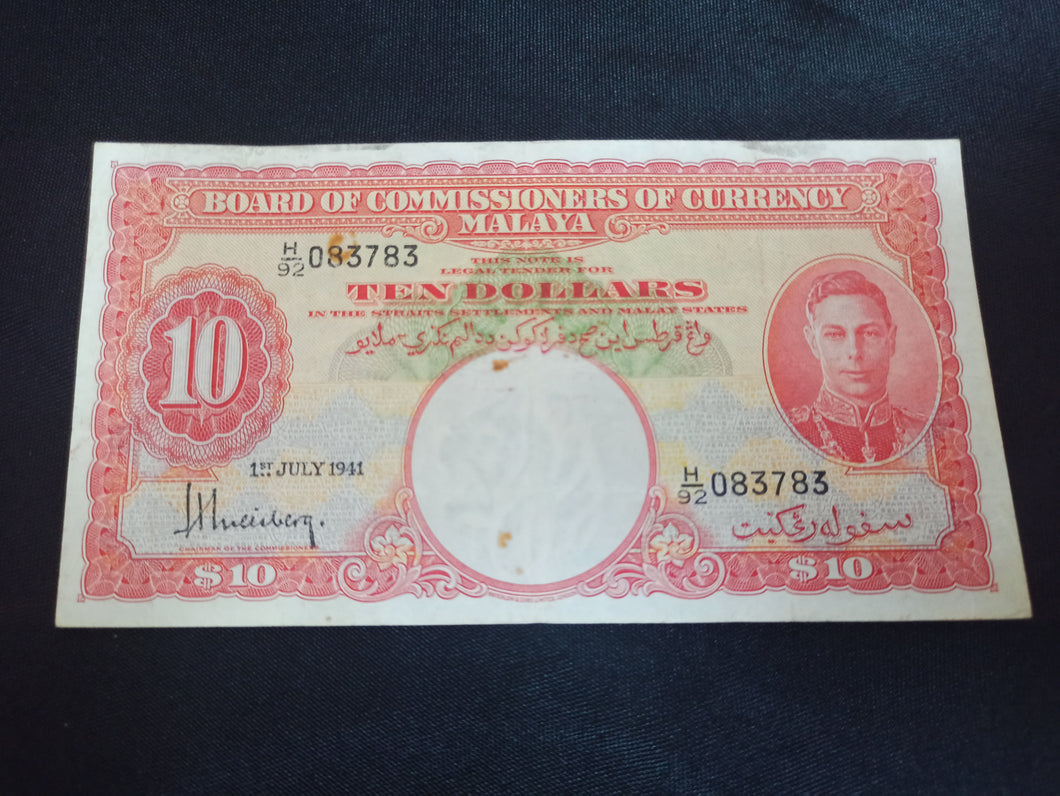 Malaya : 10 Dollars 1941 (Ref 2792)
