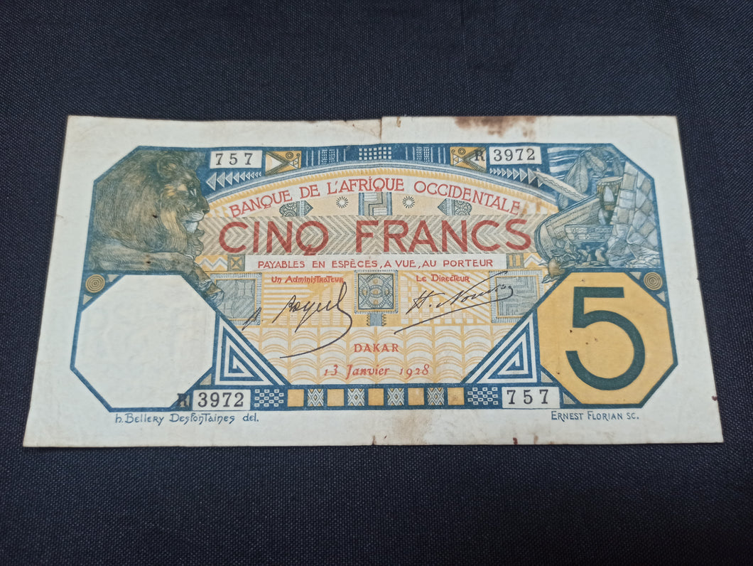 Afrique Occidentale : 5 Francs 1928 Dakar (Ref 2805)