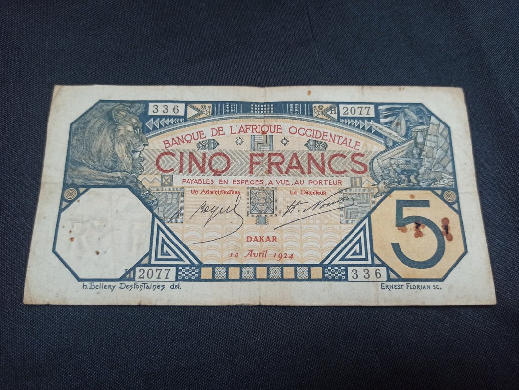 Afrique Occidentale : 5 Francs 1924 Dakar (Ref 2809)