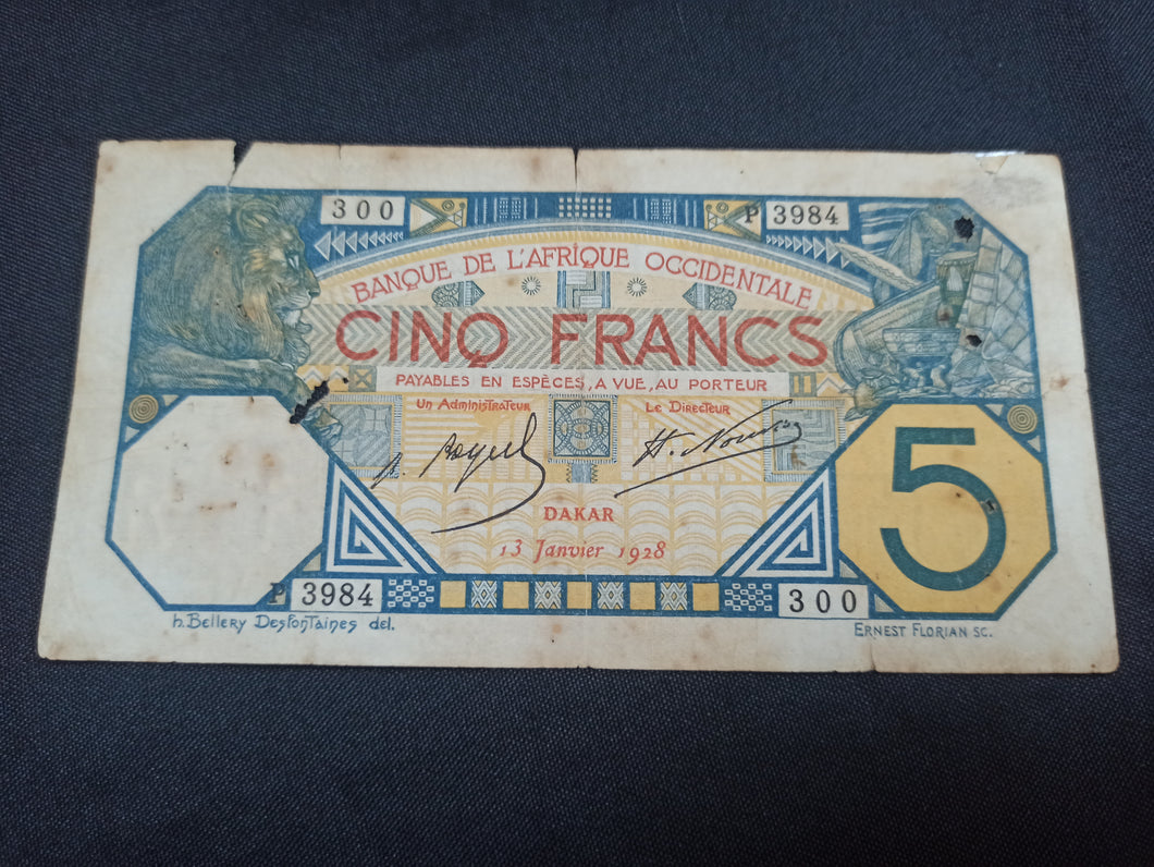 Afrique Occidentale : 5 Francs 1928 Dakar (Ref 2808)