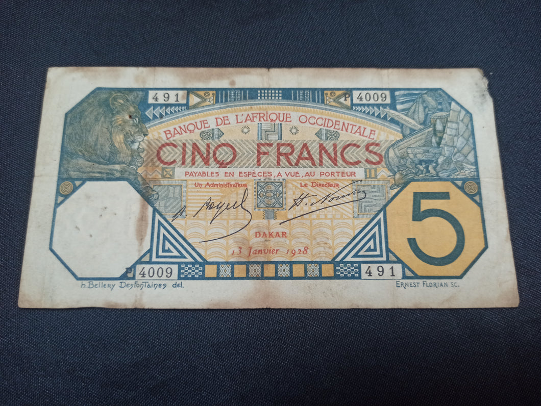 Afrique Occidentale : 5 Francs 1928 Dakar (Ref 2807)