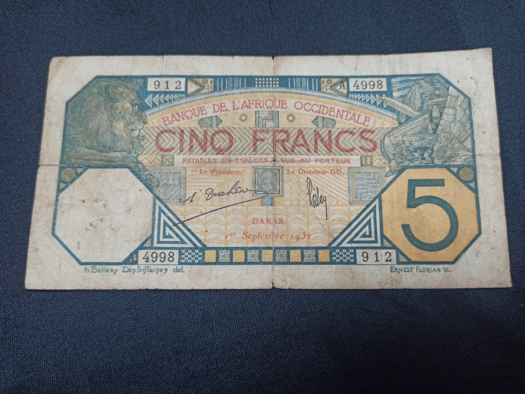 Colonies Françaises : Afrique Occidentale : 5 Francs 1932 Dakar (Ref 2817)