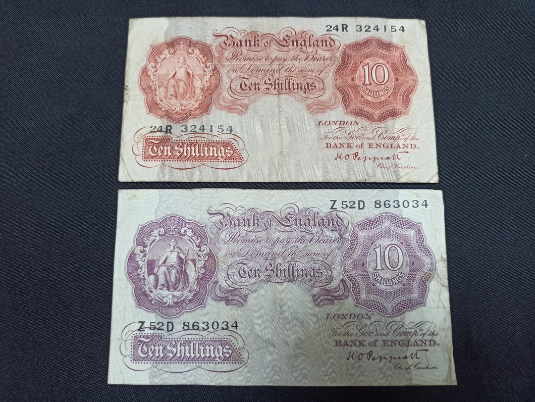 Royaume Uni : 2 X 10 Shillings 1940 & 1948 Sign Peppiatt (Ref 2873)