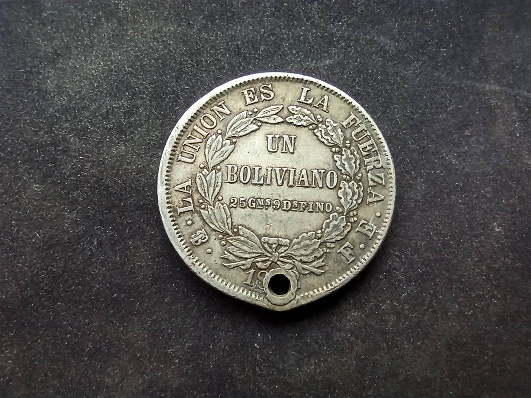 Bolivie : Un Boliviano Argent ; Trouée (Ref 3002)