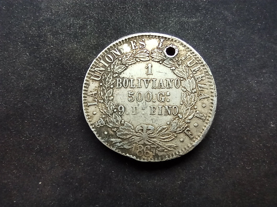Bolivie : Un Boliviano 1866 Argent ; Trouée (Ref 3003)