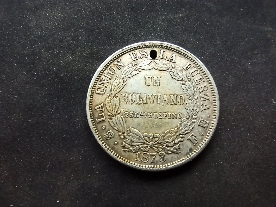 Bolivie : Un Boliviano 1873 Argent ; Trouée (Ref 3005)