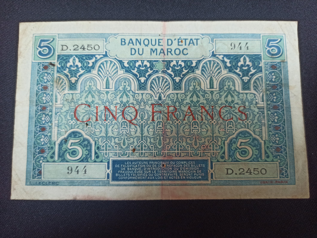 Maroc : 5 Francs 1924 (Ref 3023)