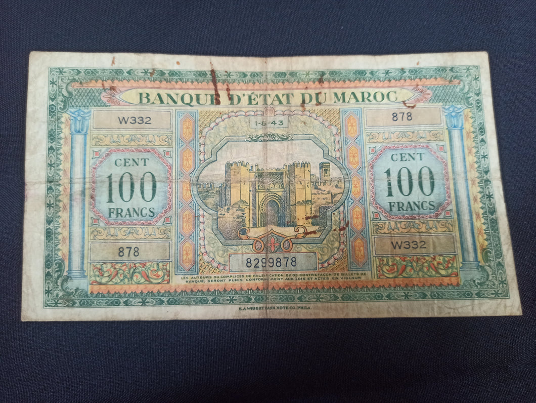 Maroc : 100 Francs 1943 (Ref 3026)