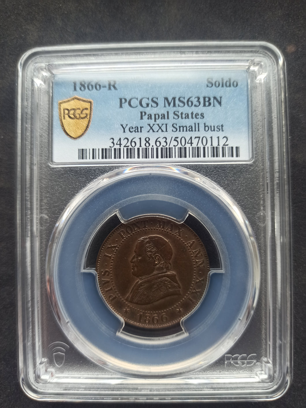 Italy : Papal States : Soldo 1866 R ; PCGS : MS 63